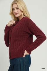 Wine Cable Knit Long Sleeve Cardigan