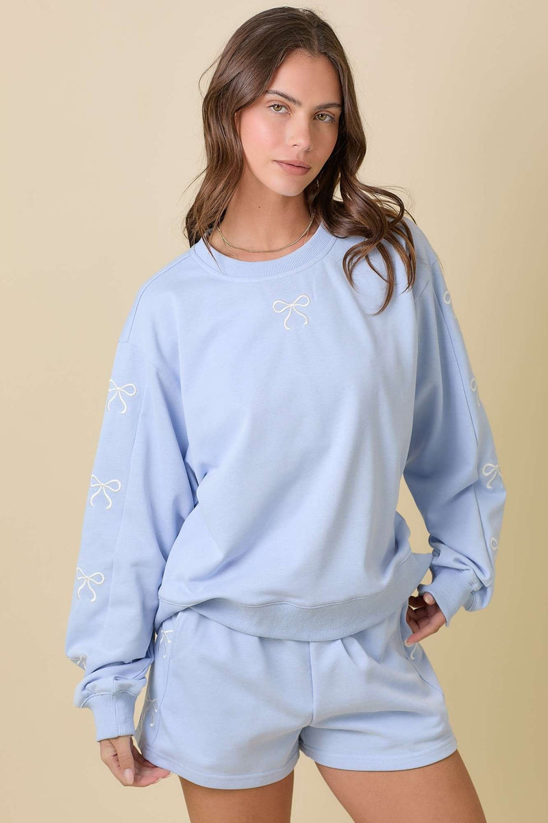 Light Blue Crewneck with Bow Embroidery Details