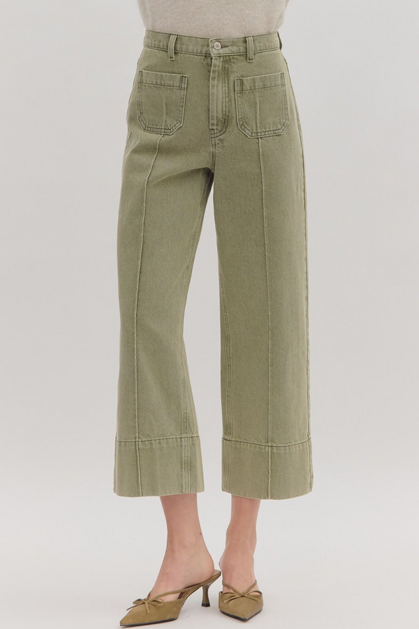 Olive Snow Wash Wide Leg Front Seam Pant