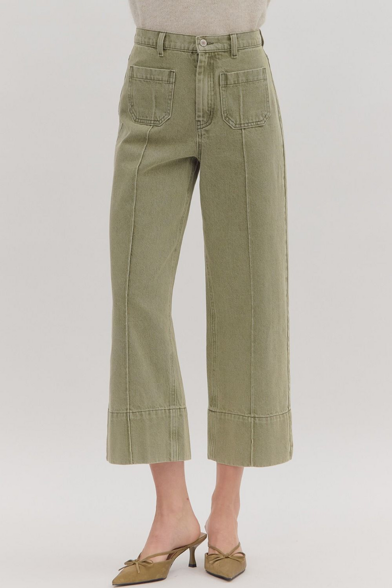 Olive Snow Wash Wide Leg Front Seam Pant