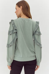 Sage Blue French Terry Ruffle Detailed Sleeve Top