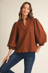 3/4 Puff Sleeve V Neck Scallop Hem Top