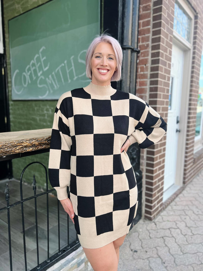 Black Checkered Sweater Dress