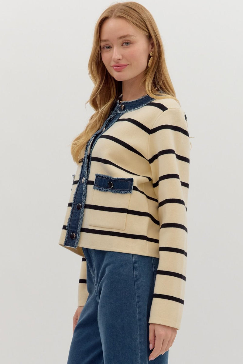 Striped Button Up Sweater Jacket W/ Denim Contrast