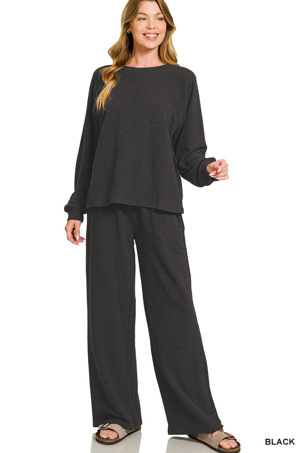 Black Slub Long Sleeve Top and Pant Set