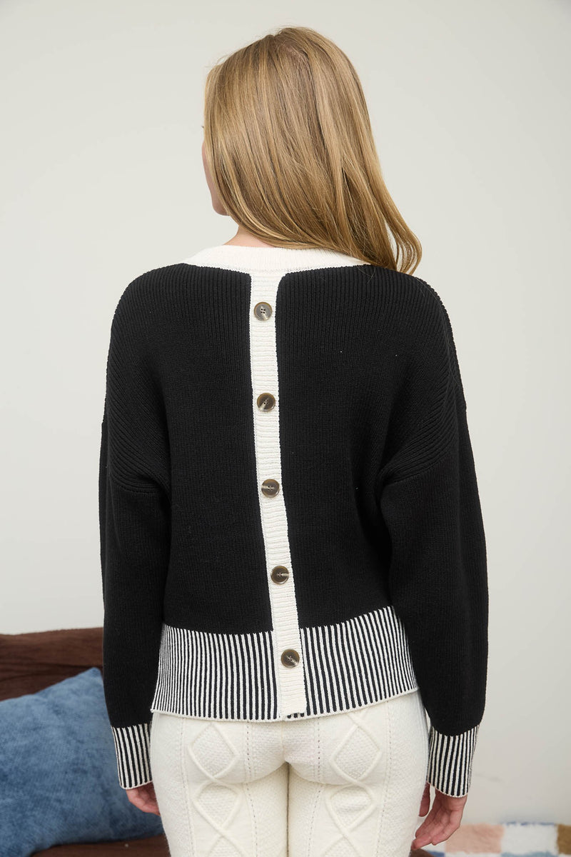 Black Contrast Hem Faux Button Back Sweater