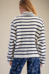 Blue Striped Long Sleeve Button Down Knit Sweater