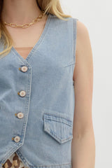 Denim Button Up Vest with Pockets