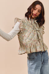 Beige Multi Floral Woven Print Ruffled Quilted Vest