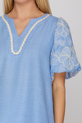 Blue Neck Detail Embroidered Puff Sleeve Top