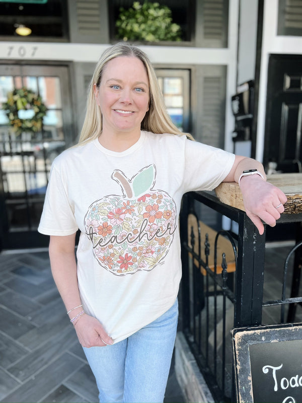 Beige Floral Apple Teacher Tee
