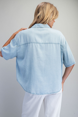 Chambray Drop Sleeve Button Front Top