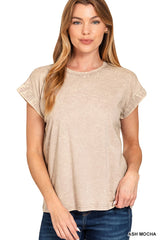 Crinkle Wash Round Neck Folded Short Sleeve Tee