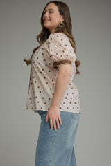 Curvy Cream with Brown Polka Dot Button Down Top