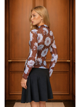 Dark Brown Mesh Floral Long Sleeve