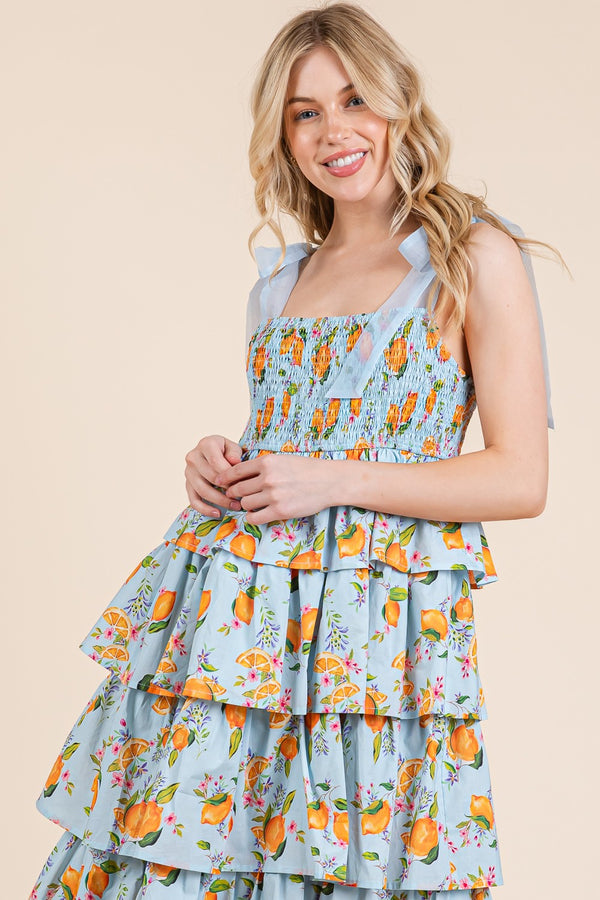 Blue Orange Printed Smocked Tiered Midi Dress