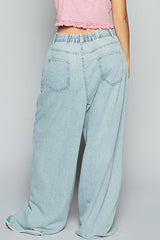 Striped Denim Wide Leg Pants with Heart and Star Patchwork