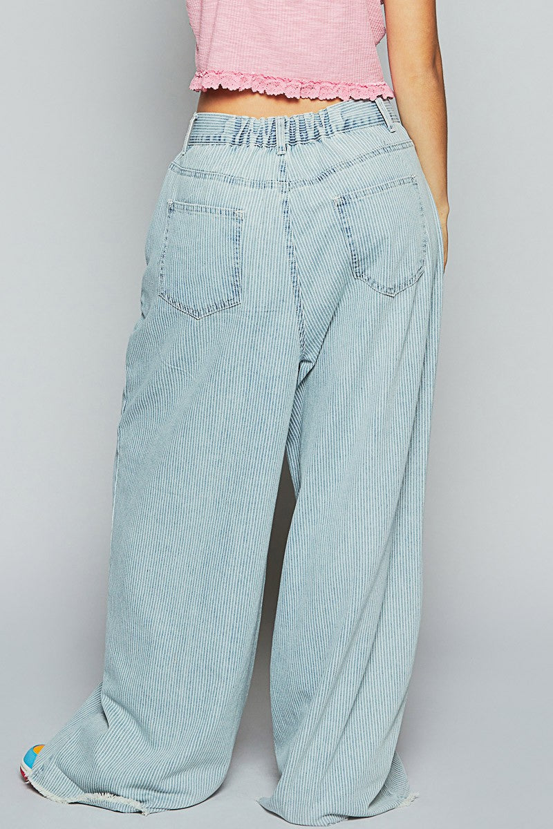 Striped Denim Wide Leg Pants with Heart and Star Patchwork