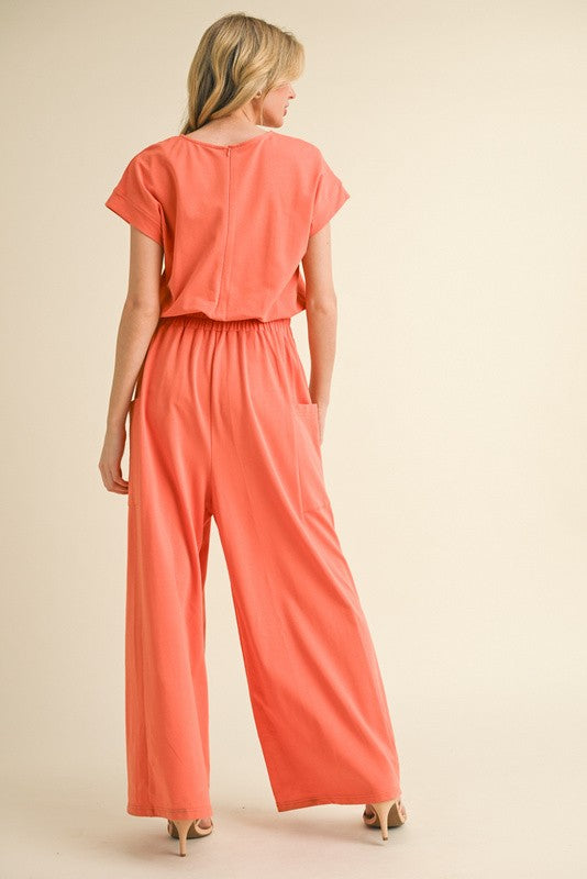 Apricot Short Kimono Sleeve Jumpsuit with Pockets