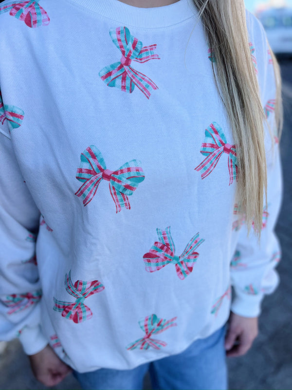 White Plaid Bow Printed Crewneck Sweatshirt