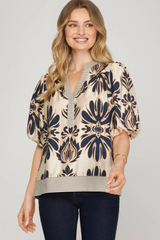 Navy Bubble Sleeve Woven Top