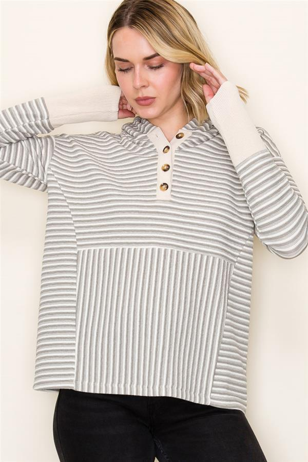 Sage Half Button Cuffed Sleeve Striped Top