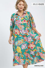 Curvy Emerald  Paisley Print V Neck Dress