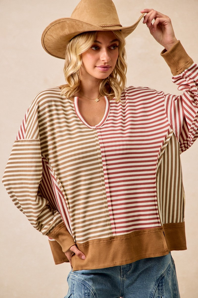 Mocha Stripe Thermal Colorblock Open Seam Top