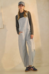 Curvy Blue Pinstriped Barrel Leg Overalls