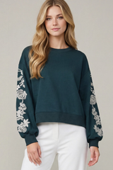 Navy Long Sleeve Embroidery Scuba Top