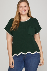 Forest Green Drop Shoulder Scalloped Hem Sweater