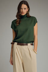 Hunter Green Mock Neck Back Tie Cap Sleeve Sweater