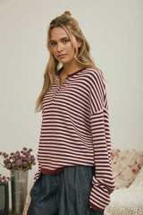 Button Henley Stripe Long Sleeve Sweater