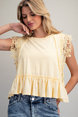 Yellow Side Lace Trim Ruffle Hem Top