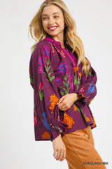 Floral Print V Neck Collar Top