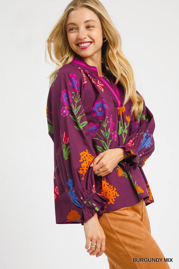 Floral Print V Neck Collar Top