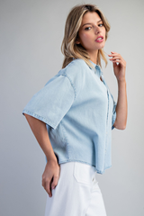 Chambray Drop Sleeve Button Front Top