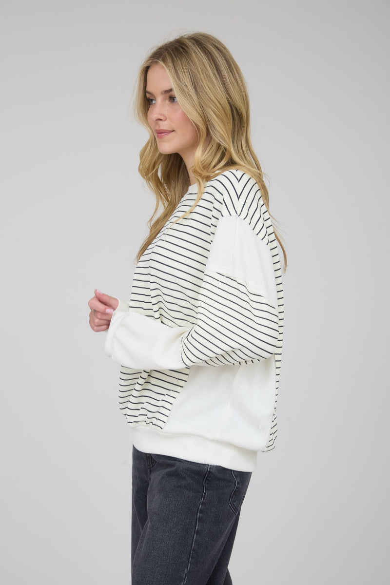 White and Black Contrast Stripe Long Sleeve Top