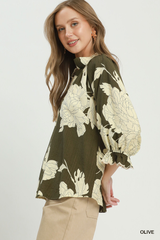 Olive Floral V- Neck Stand Collar Top