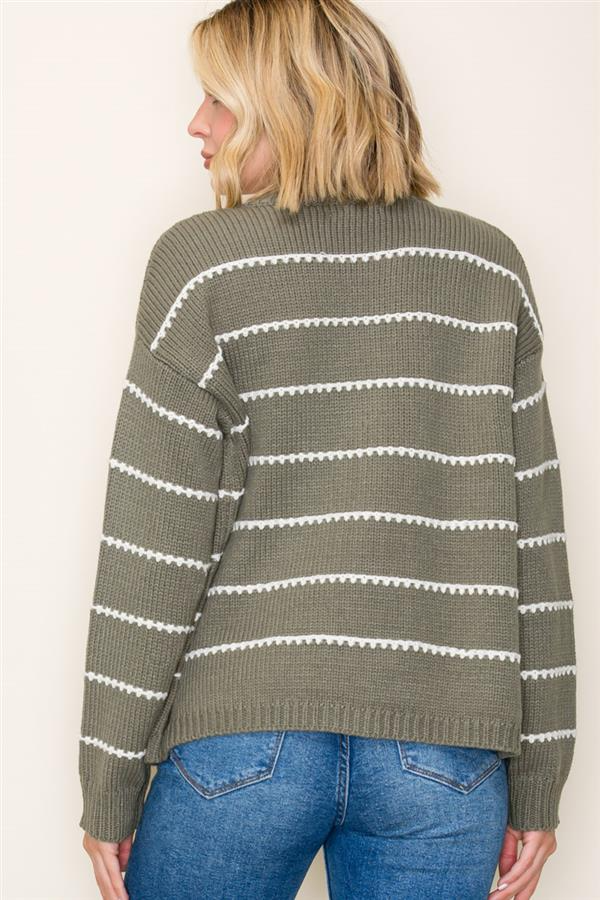 High Neck Double Pocket Texture Stripe Cardigan