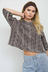 Brown Washed 3/4 Sleeve Cable Knit Sweater