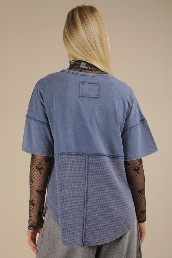 Blue Mineral Wash Top With Front Lace Trim