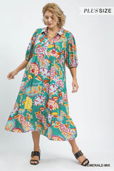 Curvy Emerald  Paisley Print V Neck Dress