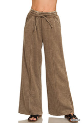 Acid Wash Fleece Pintuck Wide Leg Pants