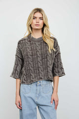 Brown Washed 3/4 Sleeve Cable Knit Sweater