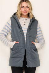 Gun Metal Zip Front Solid Hooded Duster Puffer