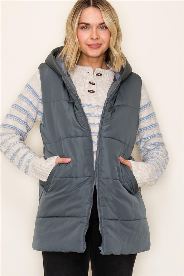 Gun Metal Zip Front Solid Hooded Duster Puffer