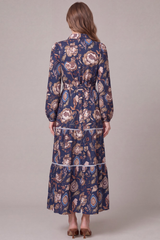 Navy Floral Long Sleeve Tiered Tie Waist Maxi Dress