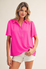 Hot Pink Flutter Sleeve Embroidered Trim Shirt