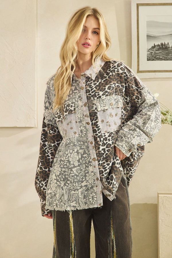Gray Leopard Paisley Button Down Shirt